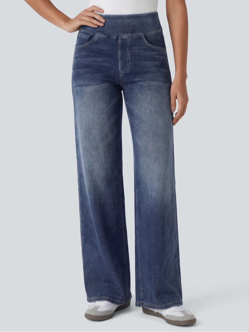 WOMEN’S HALARA FLEX HIGH WAISTED POCKETS BAGGY WIDE LEG WASHED CASUAL JEANS